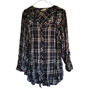 Westport Womens Plaid Floral Button Front Blouse, Size: 1X